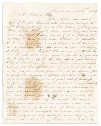 (SLAVERY.) Letter seeking the return of a runaway slave: You own a woman that he used to call his wife.